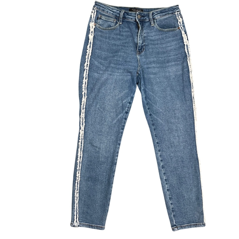 Judy‎ Blue Jeans Women 11/30 Blue Frayed Fringe Side Stripe JB88461 Slim Fit